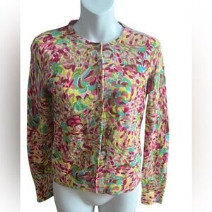 Floral Print Cardigan Pink Green Yellow Long Sleeve Colorful‎ Top